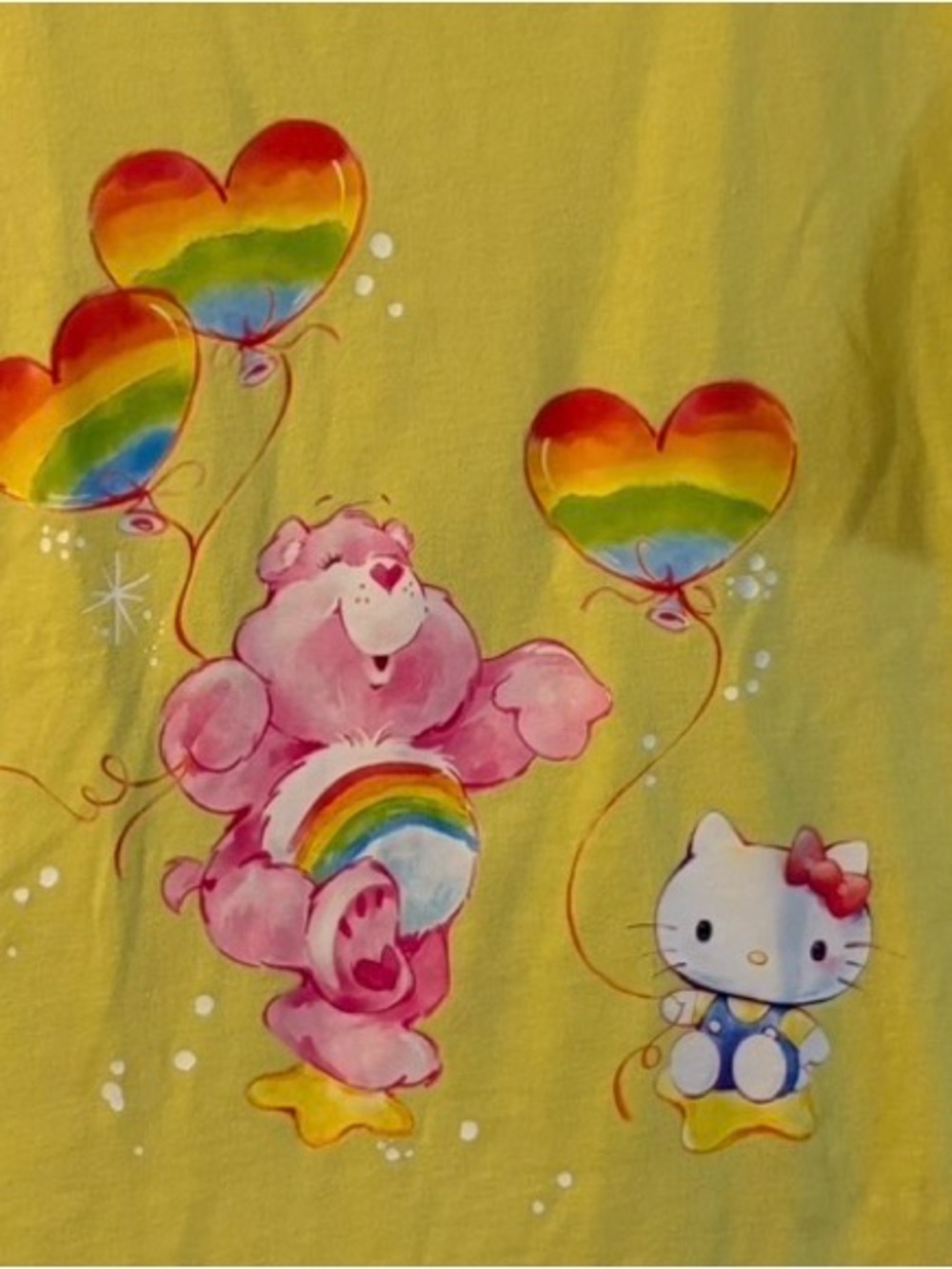 Sanrio Yellow Tee with Pink Care Bear, Rainbow Hearts & Hello Kitty